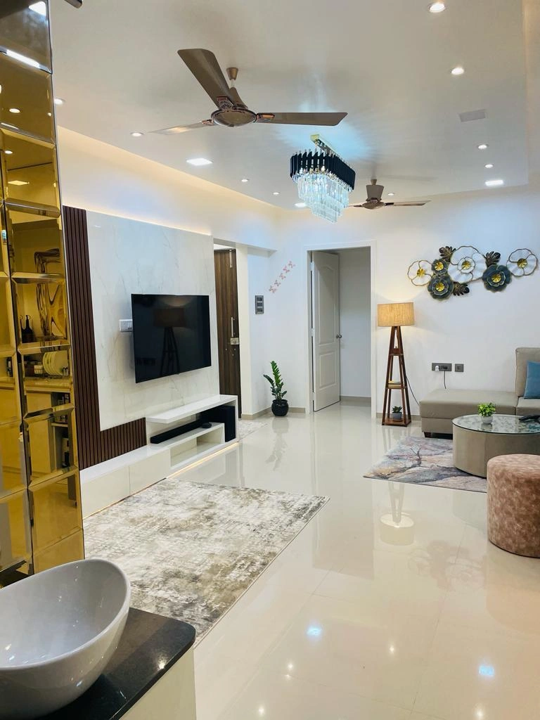 Modern living room with crystal chandelier