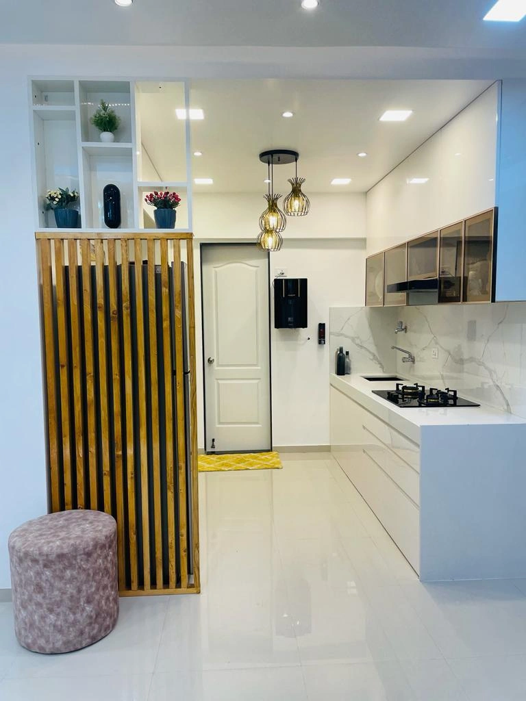 Open kitchen with wooden slat partition